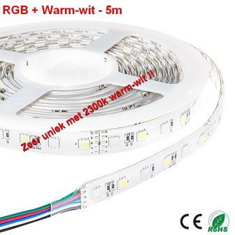 5Meter LEDstrip RGB en Gold Warm-wit 300 smd -IP65