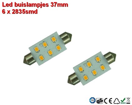 Led-buislampen 37mm 6 x 2835smd Cool-wit 10-30v