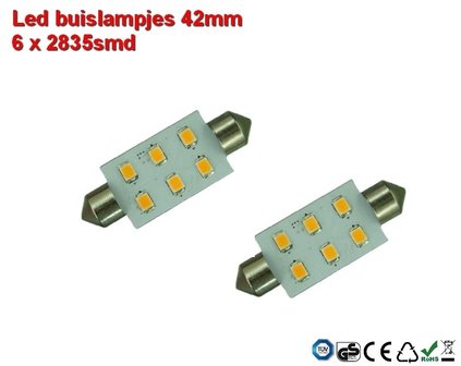 Led-buislampen 42mm 6 x 2835smd Cool-wit 10-30v