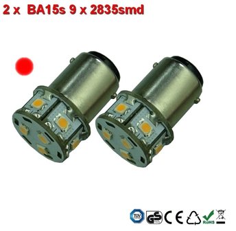 2 x BA15s - 9x2835smd- Rood 10-30v