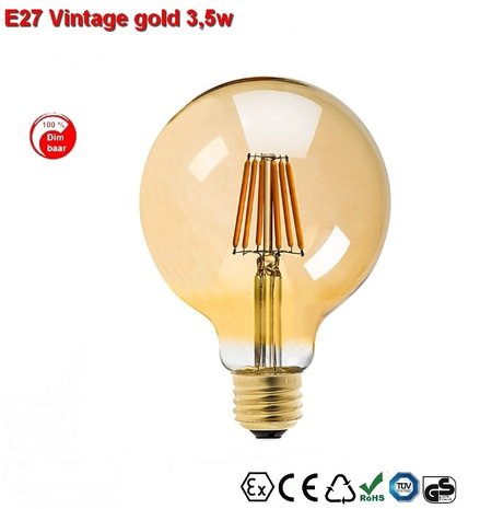 E27 Vintage G125 led lamp 3,5w Gold-warmwit Dimbaar